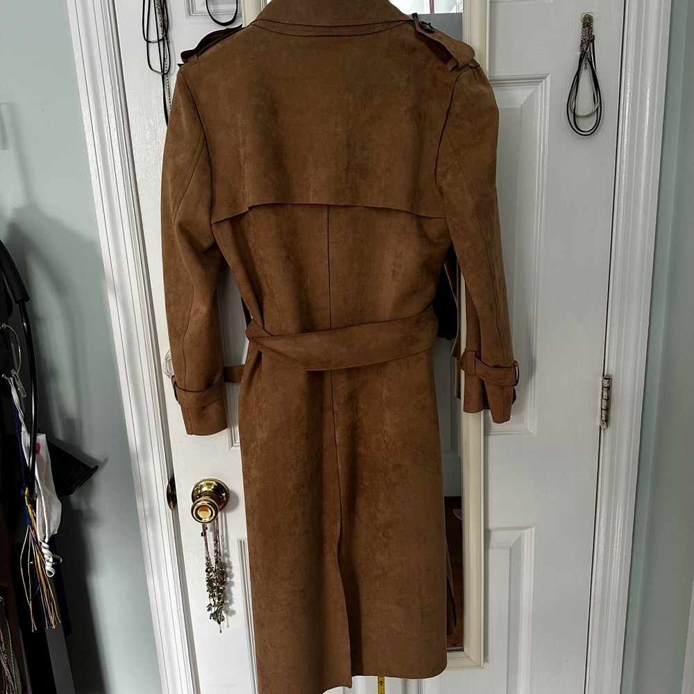 Women's Camel Faux Suede Belted Trench Coat Waterfall Collar - Picture 6 of 8